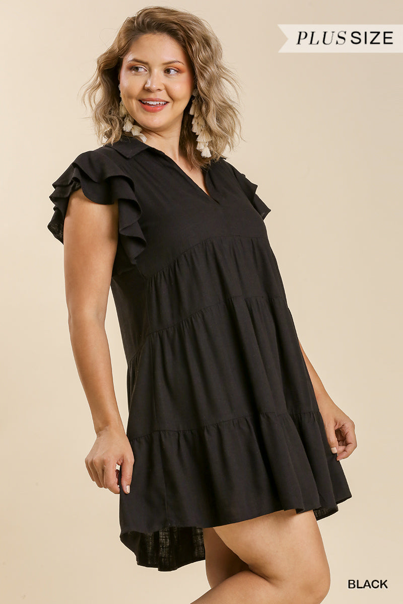 Plus Linen Split Collar Ruffle Dress