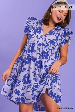 Plus SS Printed Collar Tier Dress