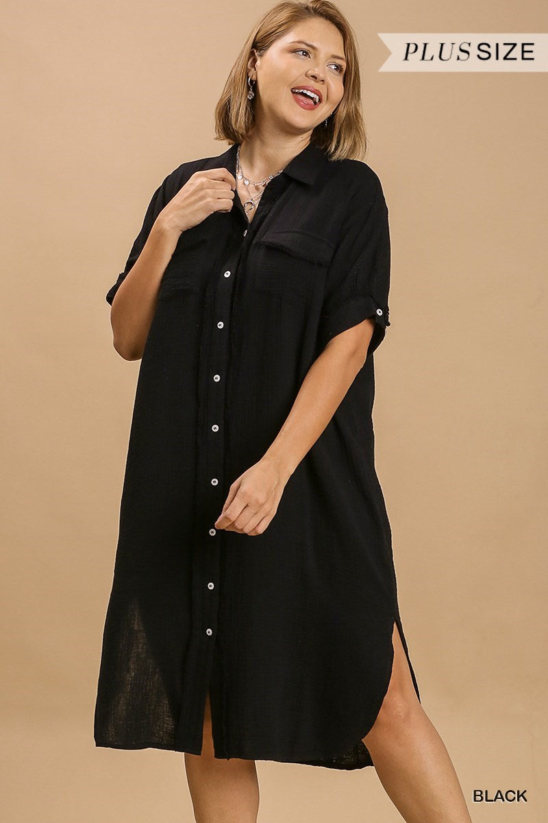 Plus Gauze Button Midi Dress