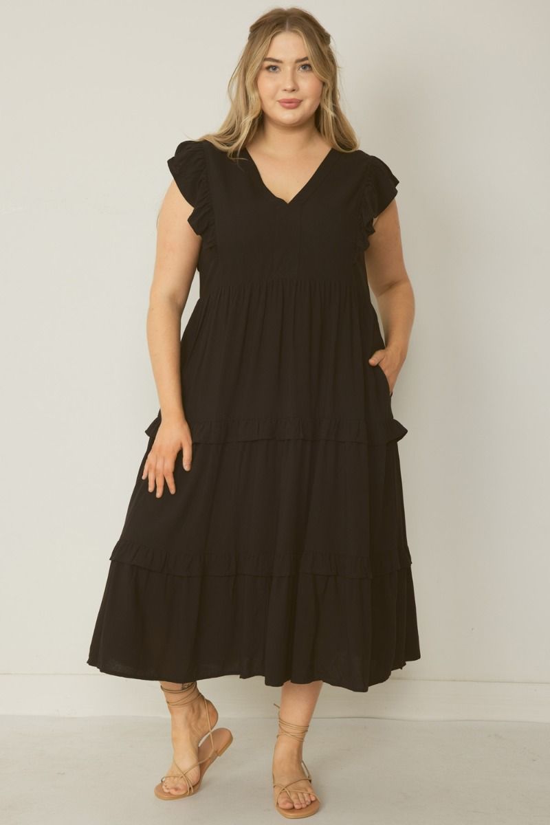 Plus V-Neck Ruffle Tier Midi Dress