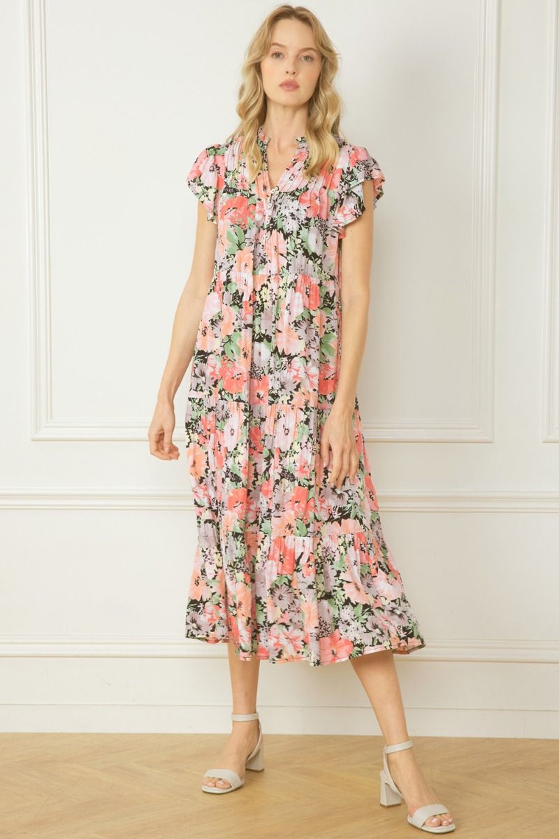 Pintuck Floral Maxi Dress