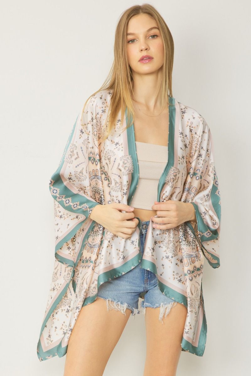Asymm Satin Print Kimono