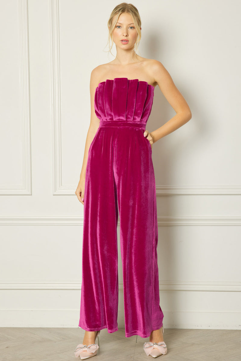 Pleated Bust Velvet Jumpsuit