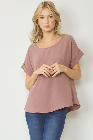 Roll Sleeve Scoop Neck Top