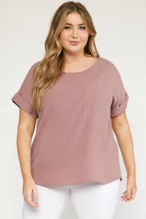 Plus Roll Sleeve Scoop Neck Top