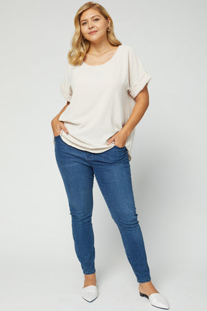 Plus Roll Sleeve Scoop Neck Top