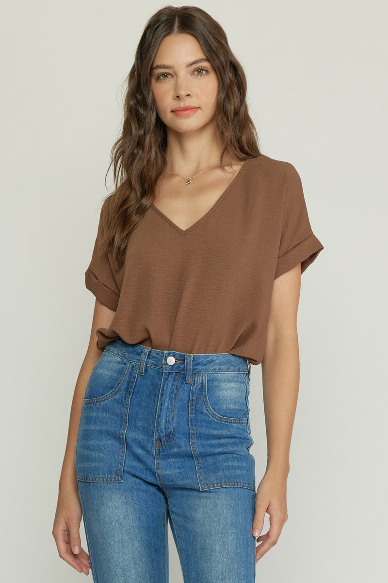 Solid V-Neck Woven Bodysuit Top