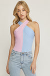 Colorblock Cross Neck Bodysuit