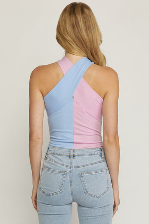 Colorblock Cross Neck Bodysuit