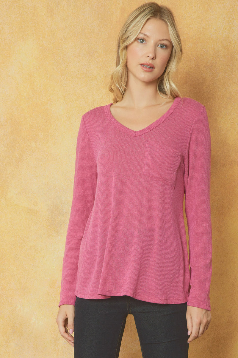 Ribbed LS VNeck Pocket Top