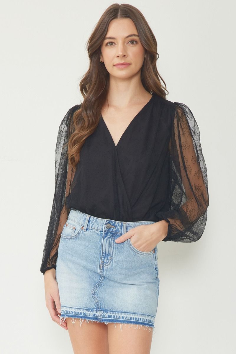 Sheer Sleeve Surplice Bodysuit