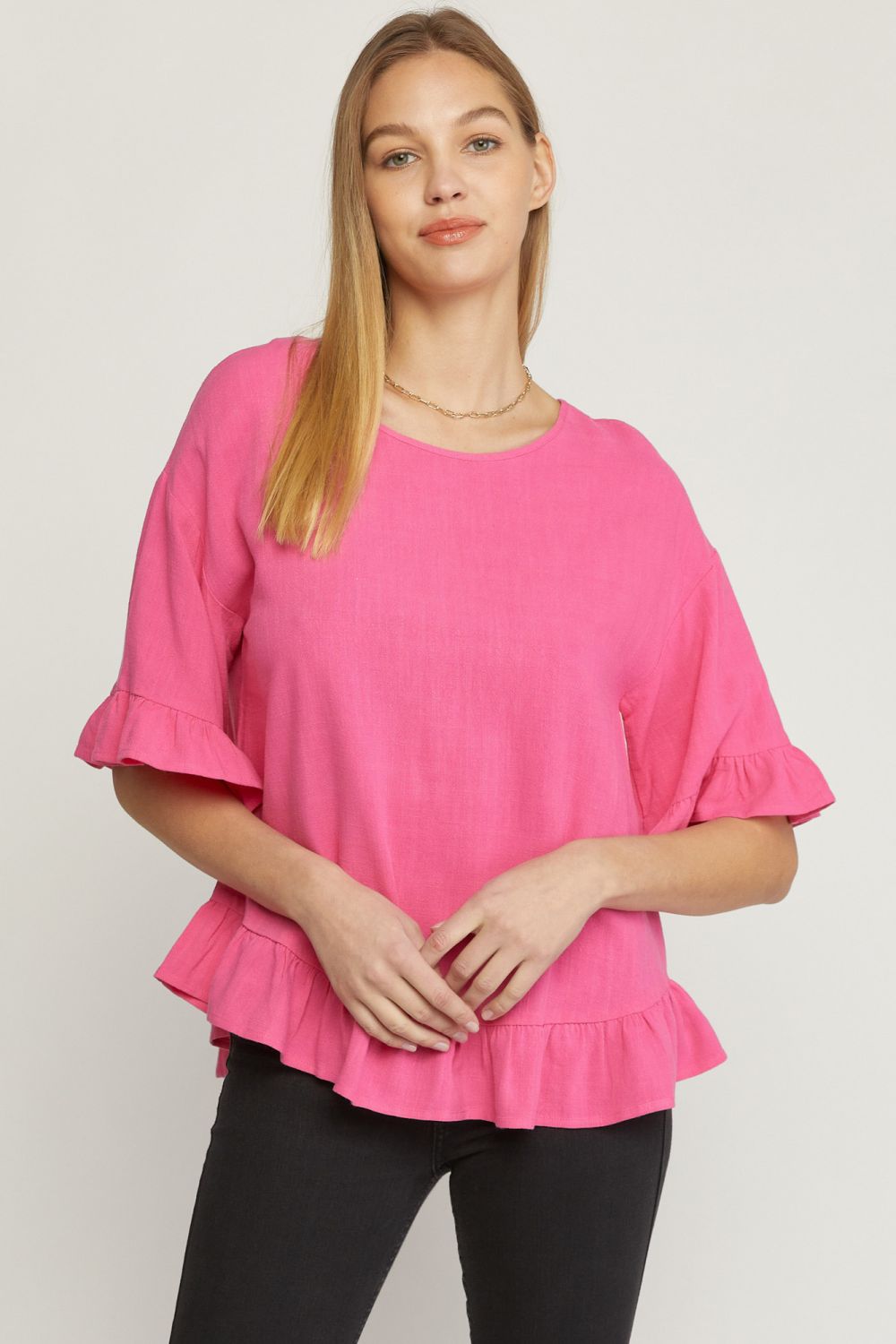 Ruffle Trim Linen Top