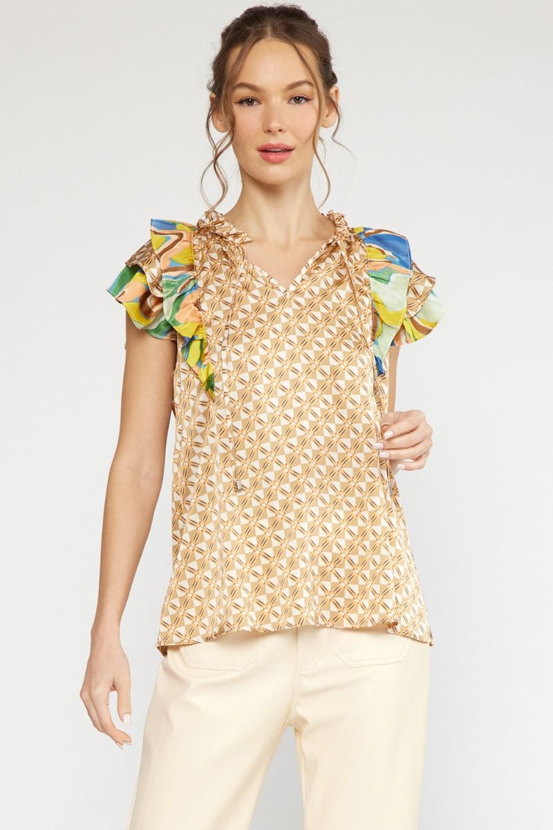 Contrast Ruffle Print Top