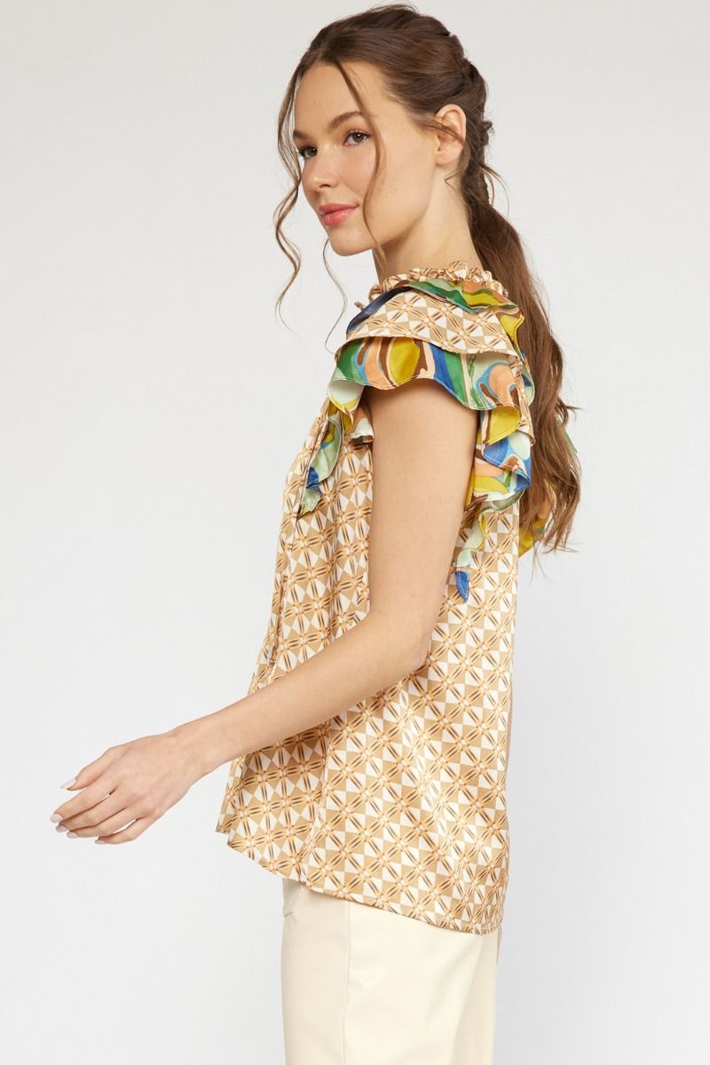 Contrast Ruffle Print Top