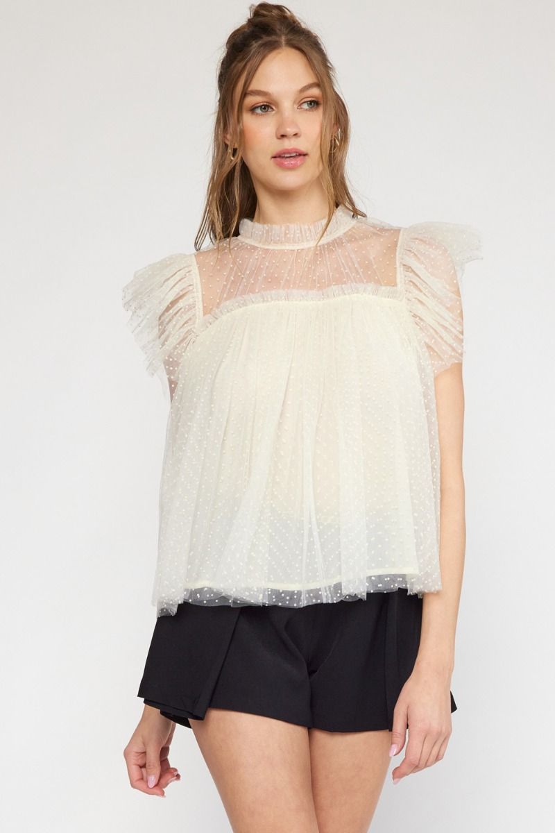 Mesh Dot Ruffle Trim Top