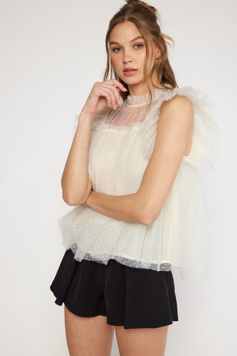 Mesh Dot Ruffle Trim Top