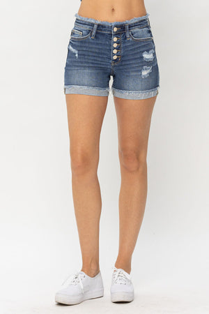 Mid Rise Cuffed Button Fly Shorts