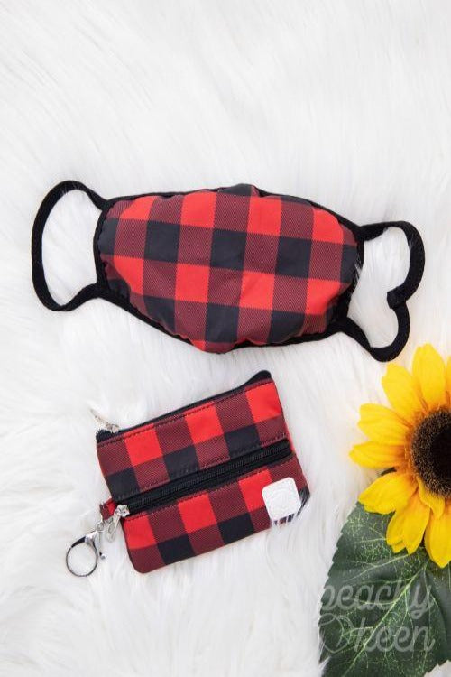Red in Buffalo Plaid Face Mask with Versi Bag